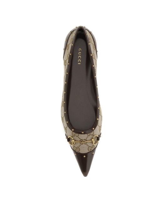 Gucci White Horsebit Studded Ballet Flats