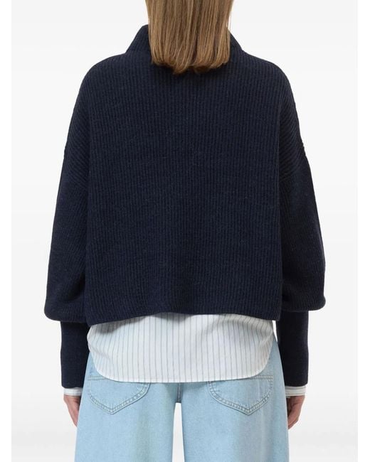 Closed Blue Ribbed Knit Funnel Neck