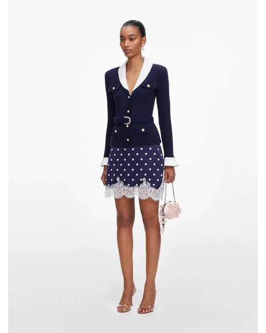 Self-Portrait Blue Ribbed Knit Cardigan