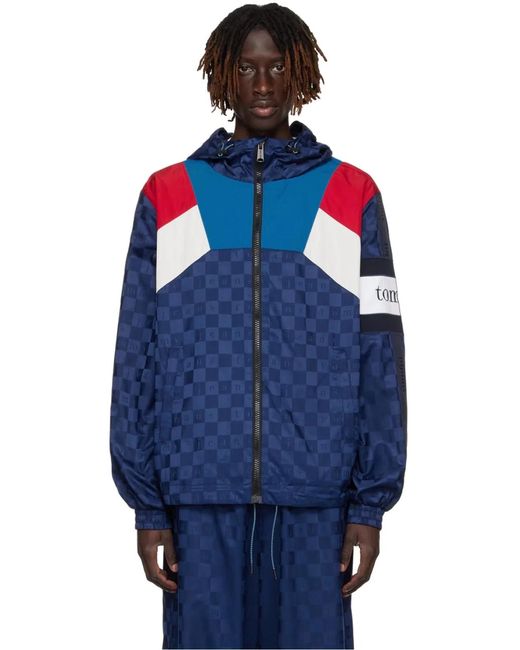 Tommy Hilfiger Blue Checkerboard Colour-Blocked Hooded Track Jacket for men