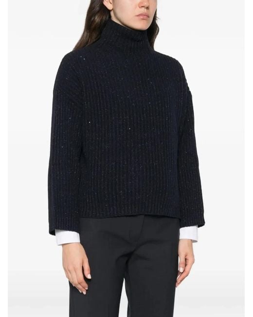 Brunello Cucinelli Blue Sequin-Embellished Ribbed Cashmere Turtleneck