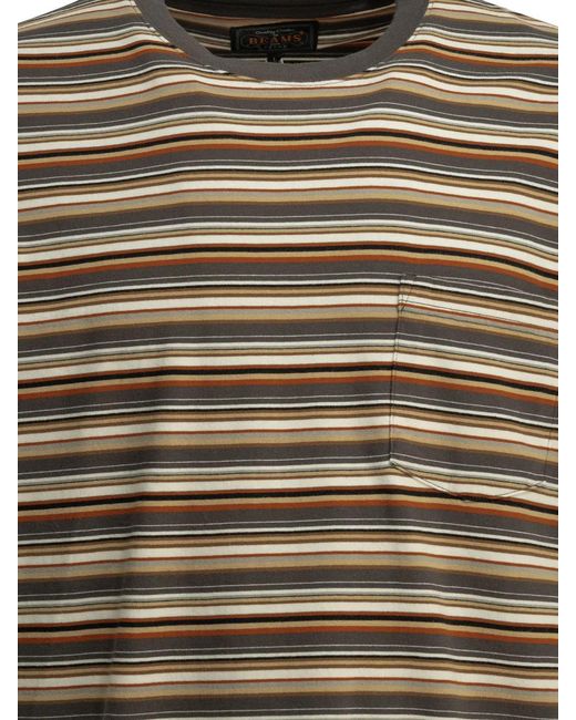 Beams Plus Brown Cotton Striped Crew-Neck T-Shirt for men