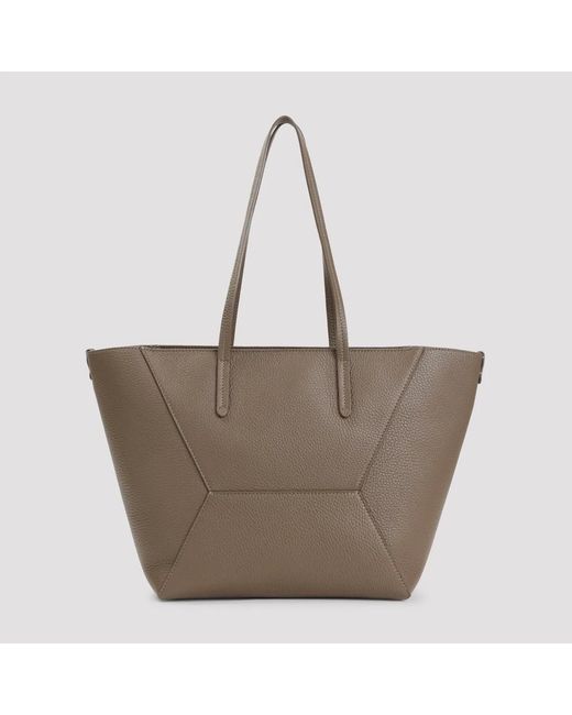Brunello Cucinelli Brown Mud Grained Leather Duo Medium Bag
