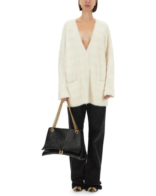 Balenciaga White Logo Jacquard Faux Fur Cardigan