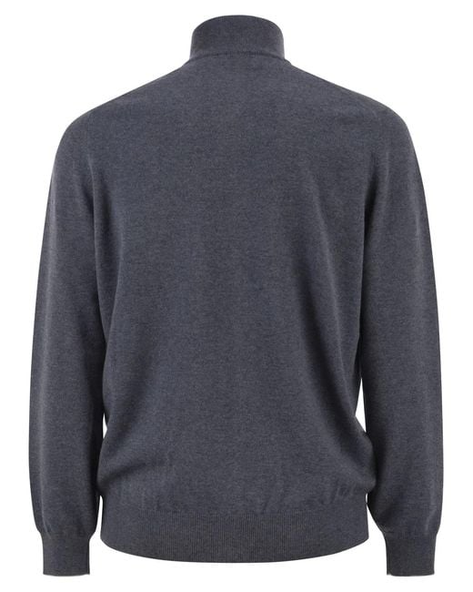 Brunello Cucinelli Blue High-Necked Cashmere Cardigan With Zip for men