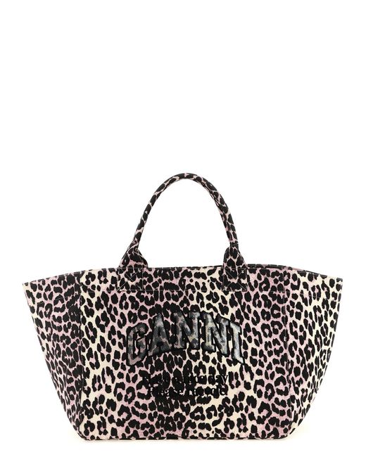 Ganni Black 'Leopard Sequin Xxl Tote' Shopping Bag