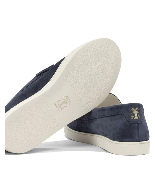 Brunello Cucinelli Blue Leather Rubber Loafers Slippers for men