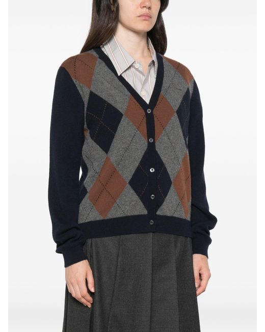 Prada Black Argyle-Knit V-Neck Cardigan