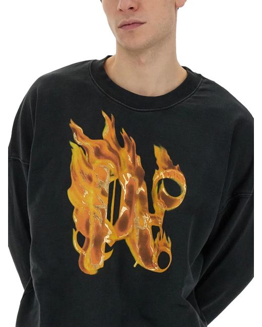 Palm Angels Black Burning Monogram Print Sweatshirt for men