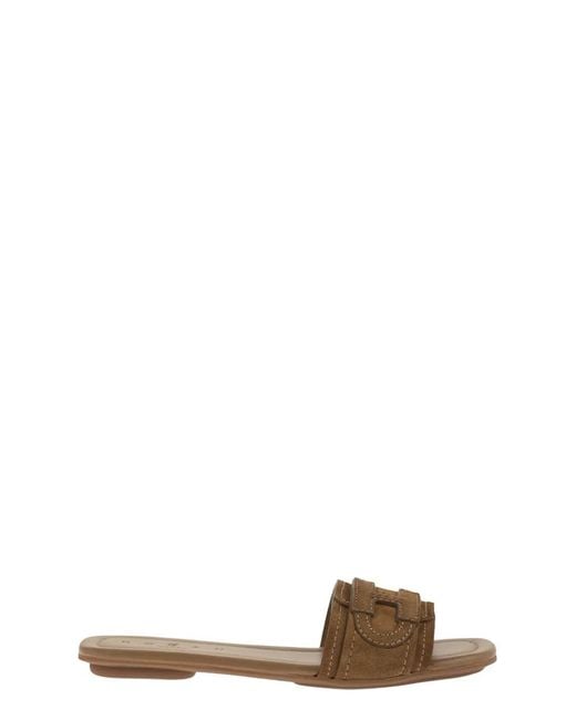 Hogan Brown Suede Slide Sandals With Signature H Detail