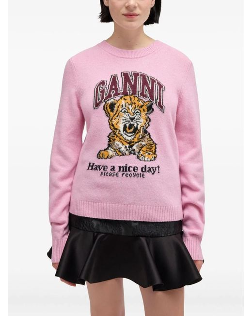 Ganni Pink Wool Crewneck Sweater