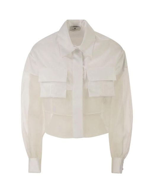 Elisabetta Franchi White Cropped Cotton Shirt With Silk Organza Inserts