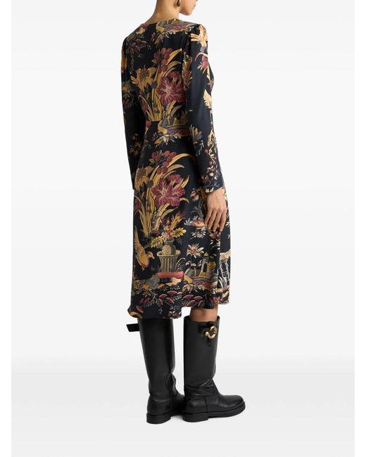 Etro Black Crepe Midi Dress With Flower And Animal Motif