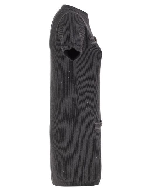 Brunello Cucinelli Black Ribbed Knit Dress With Sequins And Patch Pockets