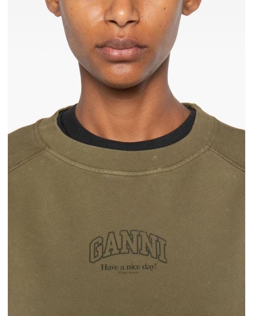 Ganni Green Logo-Print Raglan-Sleeve Sweatshirt