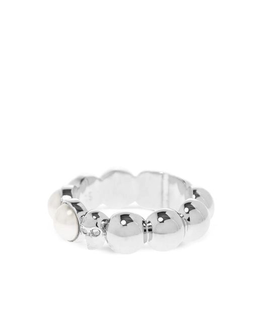 McQueen White Embellishment Skull Beaded Ring for men