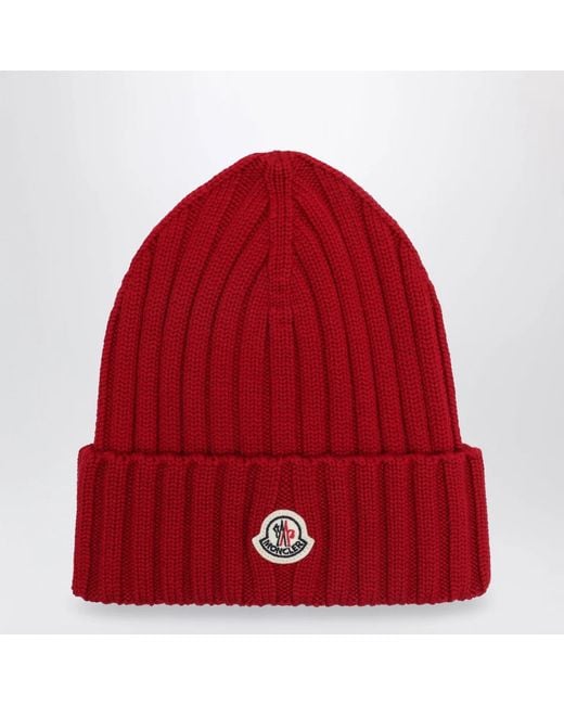 Moncler Red Cable-Knit Wool Beanie With Logo
