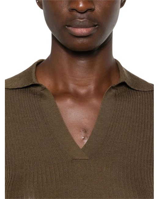 Max Mara Brown Ribbed Polo-Style Sweater