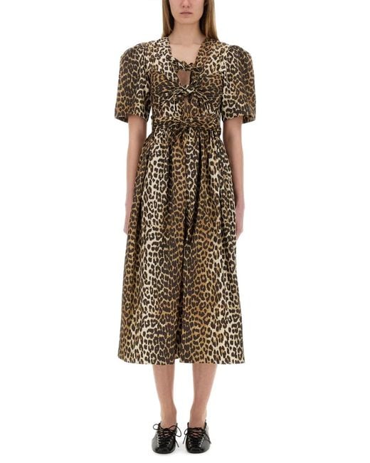 Ganni Natural Leopard Print Midi Dress