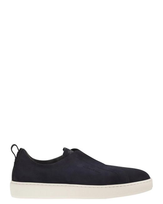 Santoni Blue Suede Leather Slip-On Trainers With Rubber Sole for men