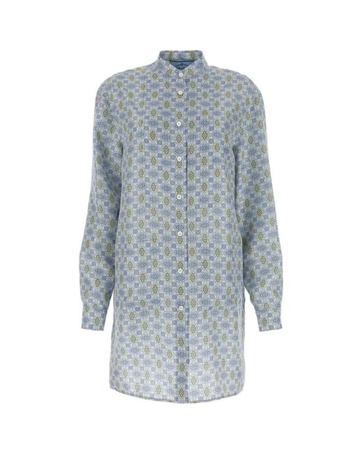 Prada Blue Printed Silk Shirt Dress