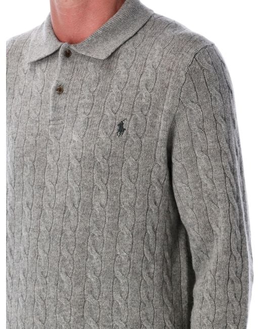 Polo Ralph Lauren Gray Cable Knit Wool And Cashmere Polo Sweater for men