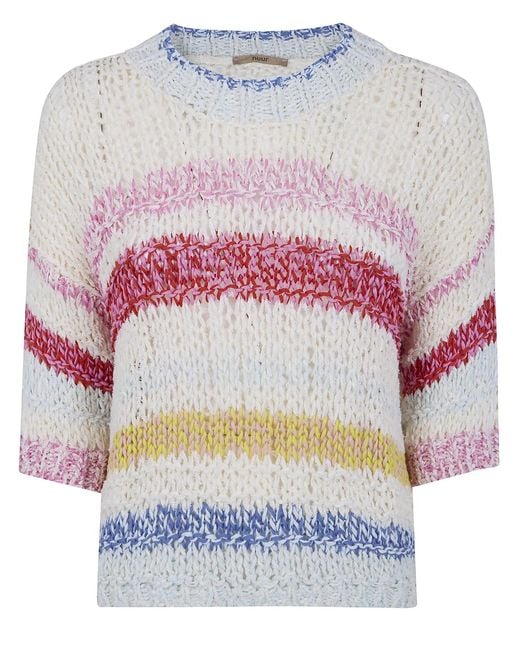 Nuur Gray Short Sleeves Stripes Round Neck Sweater