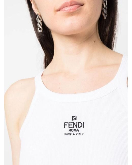 Fendi White Cotton Rib Sleeveless Top