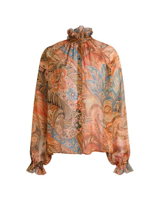 Etro Brown Silk Shirt With Ruffles And Paisley Motif