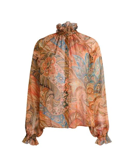Etro Brown Paisley Ruffle Button Blouse