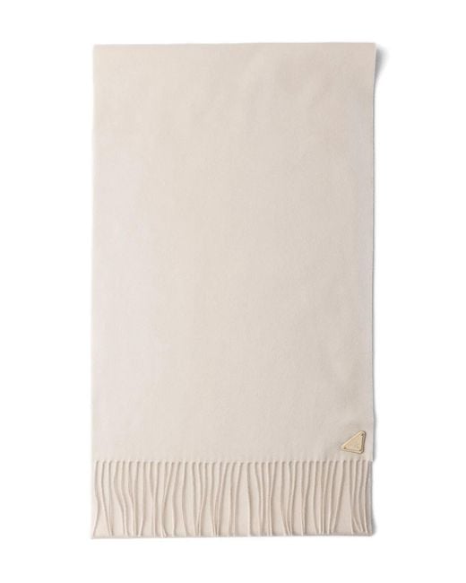 Prada Natural Triangle-Logo Fringed Scarf