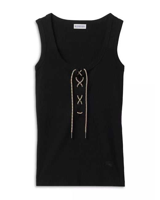 Burberry Black Cotton Blend Tank Top With Check Trim