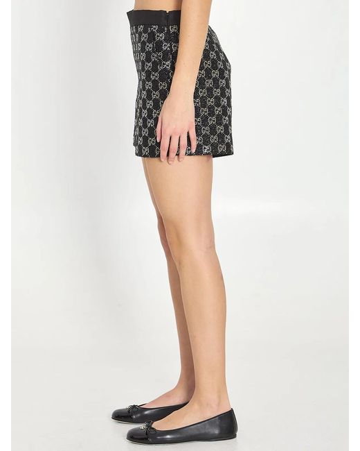 Gucci Black Embroidered Lamé Wool Tweed Shorts