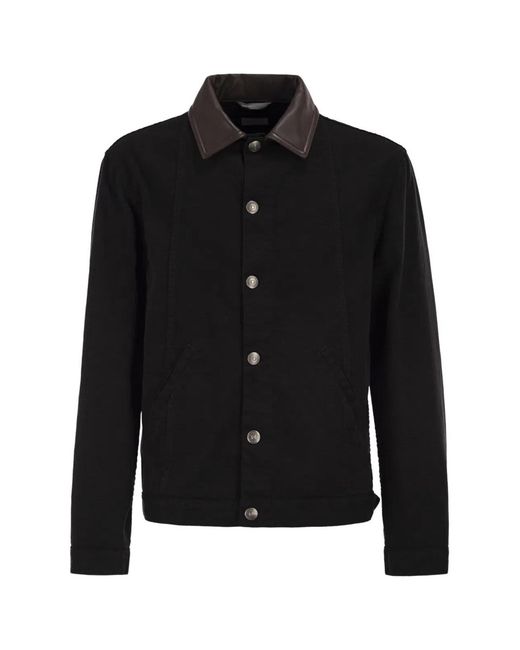 Brunello Cucinelli Black Lightweight Garment-Dyed Cotton Denim Jacket With Leather Collar for men