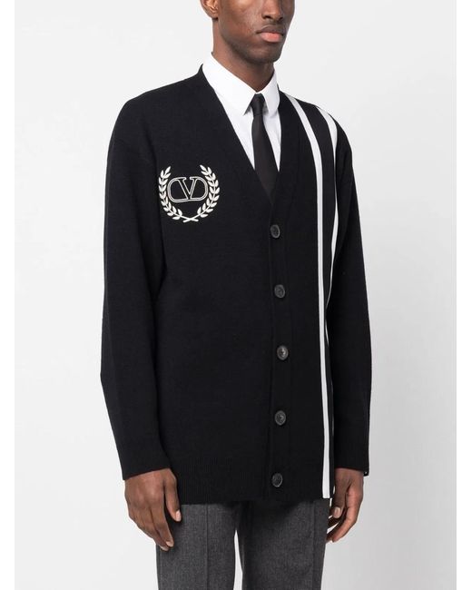 Valentino Black Embroidered Logo With Stripes Cardigan for men
