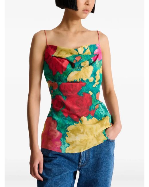 Balmain Green Crepe De Chine Top With Roses Print