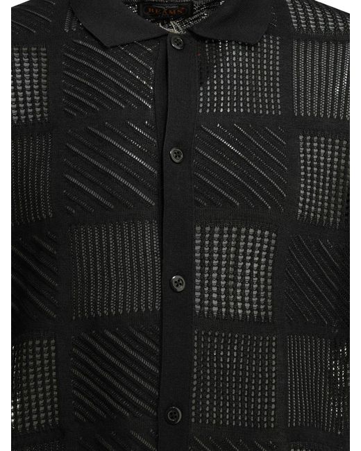 Beams Plus Black Cotton Nylon Spandex Textured Knit Button-Down Polo Shirt for men