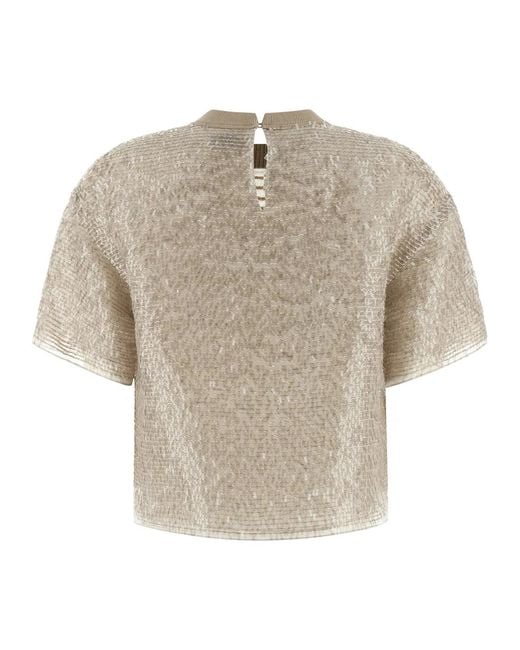 Brunello Cucinelli White 'Dazzling Cascade Embroidery' T-Shirt
