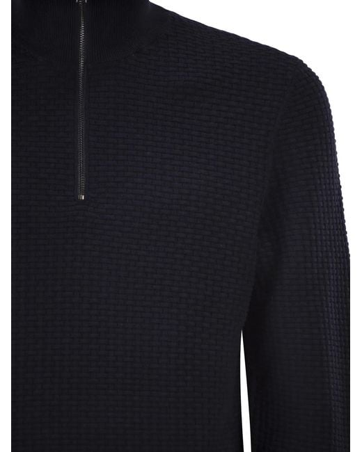 Boss Blue Textured Cotton Sweater With High Neck And Zip for men