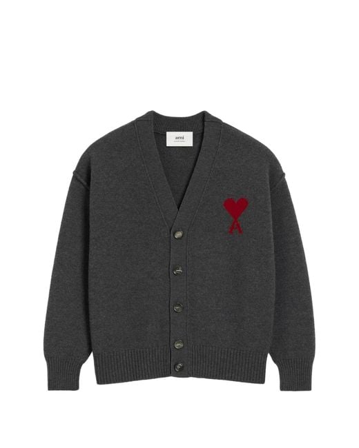AMI Black Wool V Neck Cardigan for men