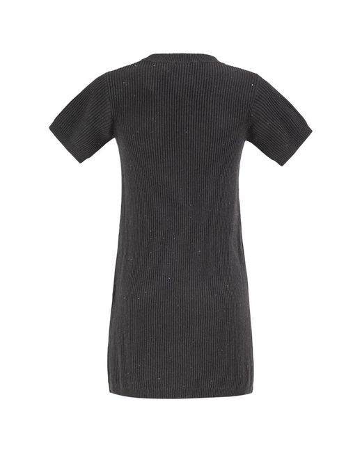 Brunello Cucinelli Black Ribbed Knit Dress With Sequins And Patch Pockets