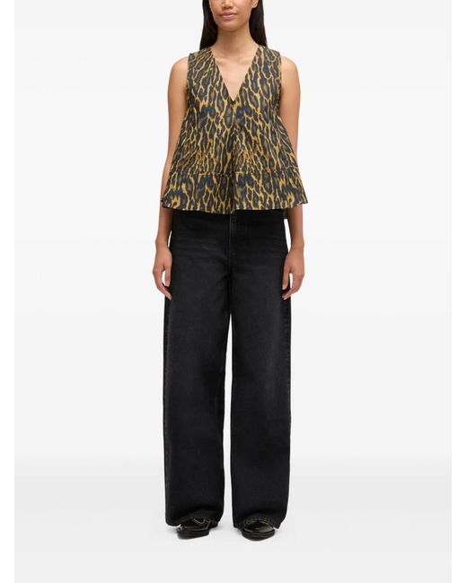 Ganni Green Leopard Print A-Line Sleeveless Top V-Neck