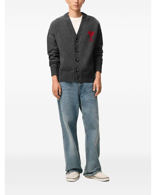 AMI Black Wool V Neck Cardigan for men