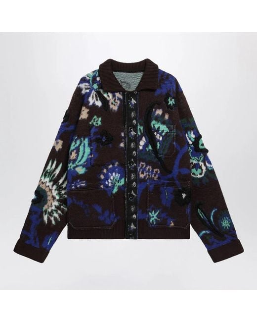 Sacai Blue Wool Jacket With Floral Pattern for men