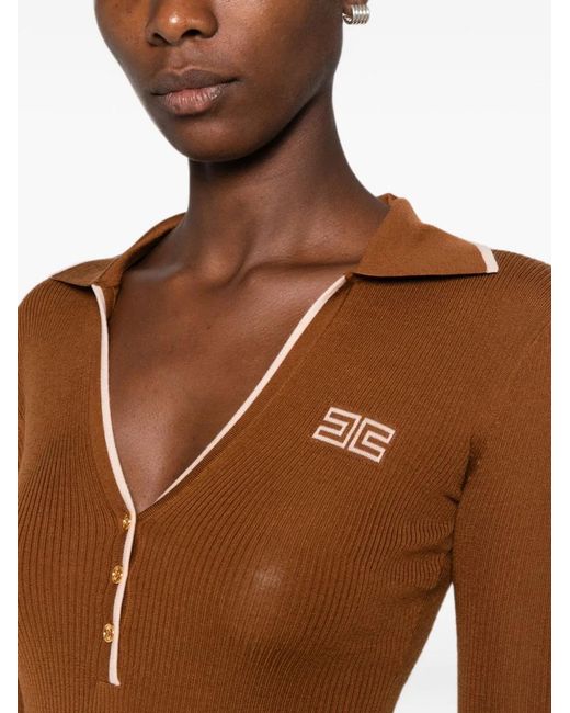 Elisabetta Franchi Brown Crew Neck Ribbed Trim
