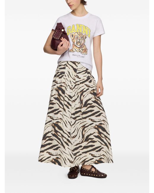 Ganni White Zebra-Print Gathered Maxi Skirt