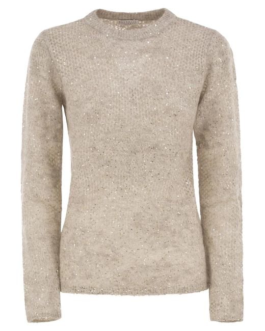 Brunello Cucinelli Natural Crew-Neck Mohair And Wool-Blend Sweater With Sequins
