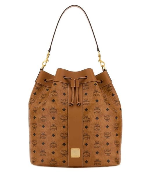 MCM Brown Printed Canvas Large Dessau Bucket Bag