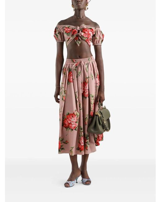 Dolce & Gabbana Red Dolce & Gabbana Rose Bouquet-Print Cotton Pleated Skirt