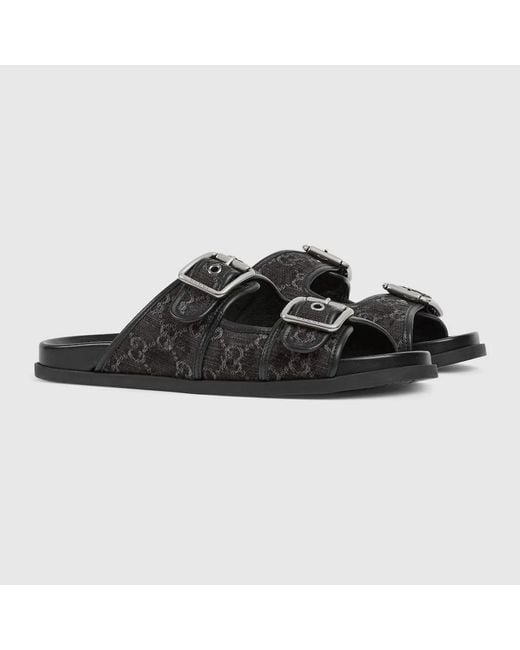 Gucci Black Rhein Gg Denim Cotton Slides for men